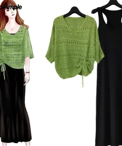 Women's Casual 2 Pieces Dress Set Summer 2024 New Loose Hollow Out Knit Shirring Tops and Sleeveless Dress Suit Lady Clothing