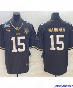 Outstanding Kansas City Chiefs 15 Patrick Mahomes Black Gold Super Bowl LVII Patch And 4 Star C Patch Vapor Untouchable Limited Stitched Jersey