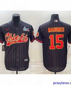 Impressive Kansas City Chiefs 15 Patrick Mahomes Black With Super Bowl LVII Patch Cool Base Stitched Baseball Jersey