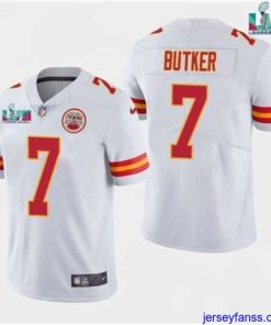 Exclusive Kansas City Chiefs 7 Harrison Butker White Super Bowl LVII Patch Vapor Untouchable Limited Stitched Jersey