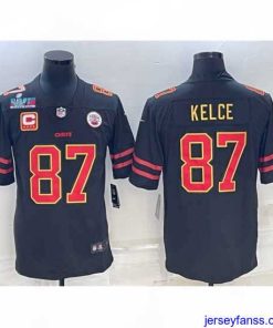 Stylish Kansas City Chiefs 87 Travis Kelce Black Red Gold Super Bowl LVII Patch And 4 Star C Patch Vapor Untouchable Limited Stitched Jersey
