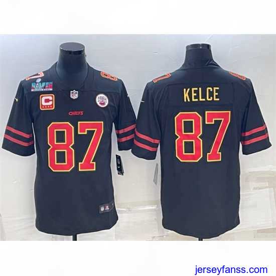 Stylish Kansas City Chiefs 87 Travis Kelce Black Red Gold Super Bowl LVII Patch And 4 Star C Patch Vapor Untouchable Limited Stitched Jersey