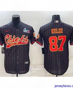 Impressive Kansas City Chiefs 87 Travis Kelce Black With Super Bowl LVII Patch Cool Base Stitched Baseball Jersey