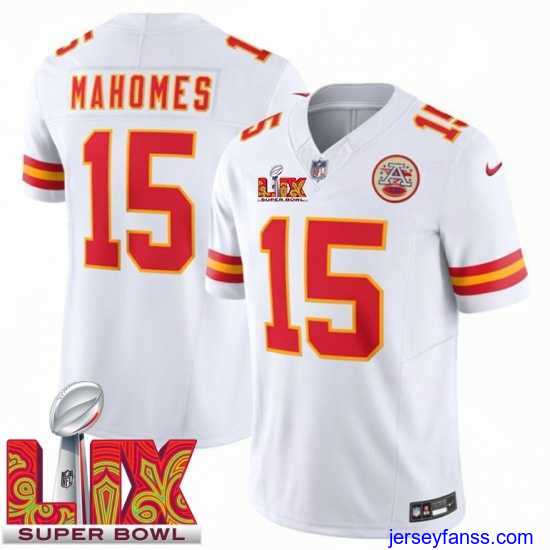 Stylish Kansas City Chiefs Patrick Mahomes #15 White 2024 2025 Super Bowl LIX F.U.S.E Stitched Jersey