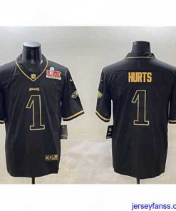 Exclusive Philadelphia Eagles 1 Jalen Hurts Black Gold 2025 Super Bowl LIX Patch Salute To Service Vapor Untouchable Limited Stitched Football Jersey