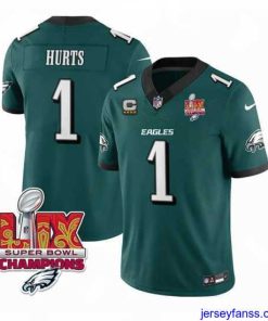 Stylish Philadelphia Eagles 1 Jalen Hurts Green 2025 Eagles Logo Super Bowl LIX Patch With 4 Star C Patch New F.U.S.E  Vapor Untouchable Limited Stitched Footb