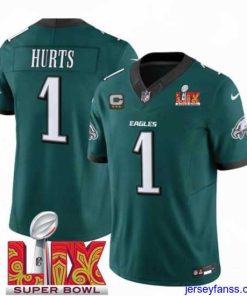 Gorgeous Philadelphia Eagles 1 Jalen Hurts Green 2025 Super Bowl LIX Patch With 3 Star C Patch New F.U.S.E  Vapor Untouchable Limited Stitched Football Jersey