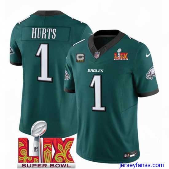 Gorgeous Philadelphia Eagles 1 Jalen Hurts Green 2025 Super Bowl LIX Patch With 3 Star C Patch New F.U.S.E Vapor Untouchable Limited Stitched Football Jersey