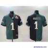 Stylish Philadelphia Eagles 1 Jalen Hurts Green  26 Black Split 2025 Super Bowl LIX Patch Vapor Untouchable Limited Stitched Football Jersey