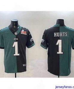 Stylish Philadelphia Eagles 1 Jalen Hurts Green  26 Black Split 2025 Super Bowl LIX Patch Vapor Untouchable Limited Stitched Football Jersey