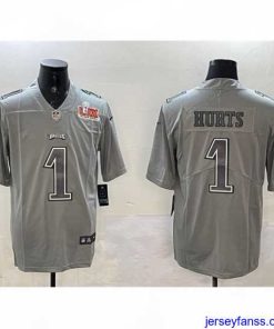 Fantastic Philadelphia Eagles 1 Jalen Hurts Grey 2025 Super Bowl LIX Patch Atmosphere Fashion Vapor Untouchable Limited Stitched Football Jersey