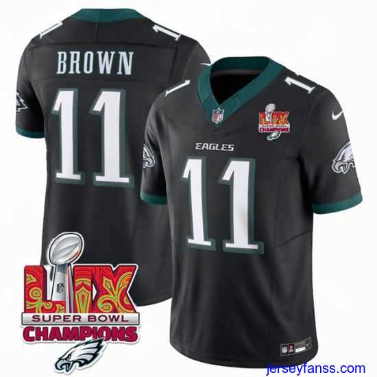 Fantastic Philadelphia Eagles 11 A J Brown Black 2025 Eagles Logo Super Bowl LIX Patch New F.U.S.E Vapor Untouchable Limited Stitched Football Jersey
