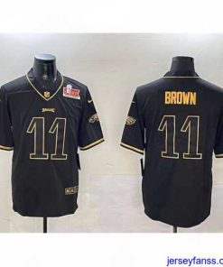 Stylish Philadelphia Eagles 11 A  J  Brown Black Gold 2025 Super Bowl LIX Patch Salute To Service Vapor Untouchable Limited Stitched Football Jersey