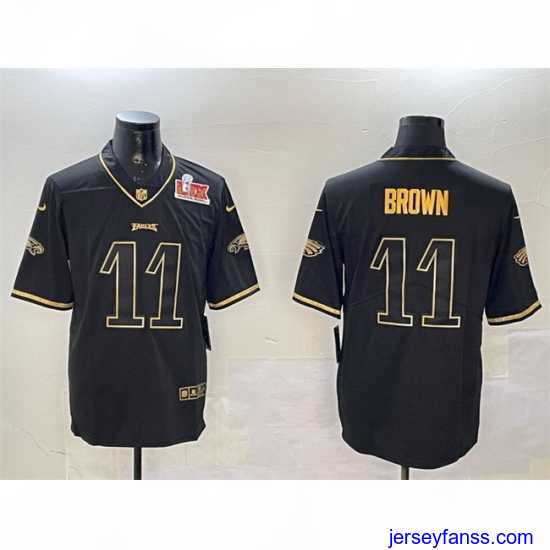Stylish Philadelphia Eagles 11 A J Brown Black Gold 2025 Super Bowl LIX Patch Salute To Service Vapor Untouchable Limited Stitched Football Jersey