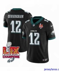 Gorgeous Philadelphia Eagles 12 Randall Cunningham Black 2025 Eagles Logo Super Bowl LIX Patch New F.U.S.E  Vapor Limited Stitched Football Jersey