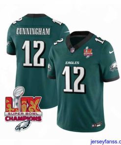 Premium Philadelphia Eagles 12 Randall Cunningham Green 2025 Eagles Logo Super Bowl LIX Patch New F.U.S.E  Vapor Limited Stitched Football Jersey