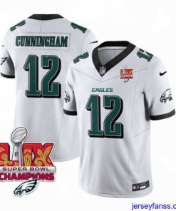 Outstanding Philadelphia Eagles 12 Randall Cunningham White 2025 Eagles Logo Super Bowl LIX Patch New F.U.S.E  Vapor Limited Stitched Football Jersey