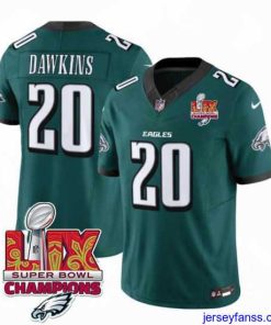 Impressive Philadelphia Eagles 20 Brian Dawkins Green 2025 Eagles Logo Super Bowl LIX Patch New F.U.S.E  Vapor Limited Stitched Football Jersey