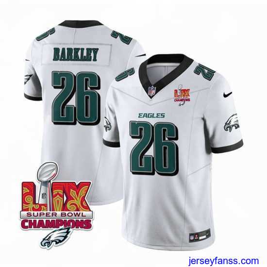 Fantastic Philadelphia Eagles 26 Saquon Barkley White 2025 Eagles Logo Super Bowl LIX Patch New F.U.S.E Vapor Untouchable Limited Stitched Football Jersey