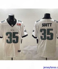 Impressive Philadelphia Eagles 35 Boston Scott White 2025 Super Bowl LIX Patch Vapor Untouchable Limited Stitched Football Jersey