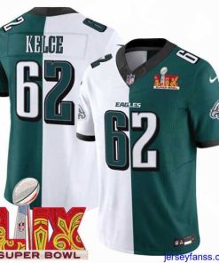 Exclusive Philadelphia Eagles 62 Jason Kelce White Green Split 2025 Super Bowl LIX Patch F.U.S.E  Vapor Untouchable Limited Stitched Football Jersey