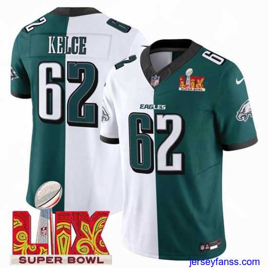 Exclusive Philadelphia Eagles 62 Jason Kelce White Green Split 2025 Super Bowl LIX Patch F.U.S.E Vapor Untouchable Limited Stitched Football Jersey
