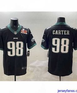 Fantastic Philadelphia Eagles 98 Jalen Carter Black 2025 Super Bowl LIX Patch Vapor Untouchable Limited Stitched Football Jersey