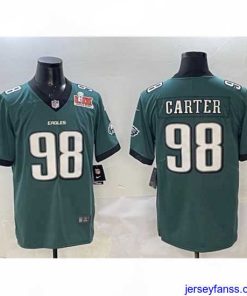 Exclusive Philadelphia Eagles 98 Jalen Carter Green 2025 Super Bowl LIX Patch New Vapor Untouchable Limited Stitched Football Jersey