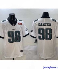 Impressive Philadelphia Eagles 98 Jalen Carter White 2025 Super Bowl LIX Patch New Vapor Untouchable Limited Stitched Football Jersey