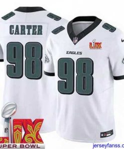 Fantastic Philadelphia Eagles Jalen Carter #98 White 2024 2025 Super Bowl LIX F.U.S.E Stitched NFL Jersey