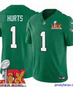 Fantastic Philadelphia Eagles Jalen Hurts #1 Kelly Green 2024 2025 Super Bowl LIX F.U.S.E Stitched NFL Jersey