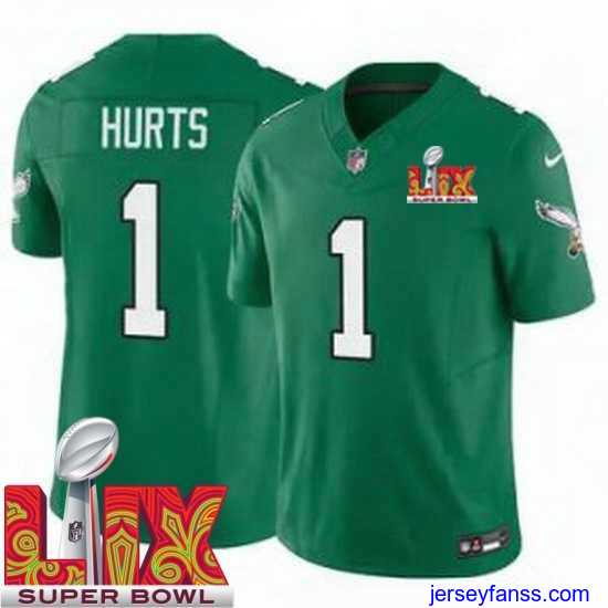 Fantastic Philadelphia Eagles Jalen Hurts #1 Kelly Green 2024 2025 Super Bowl LIX F.U.S.E Stitched NFL Jersey