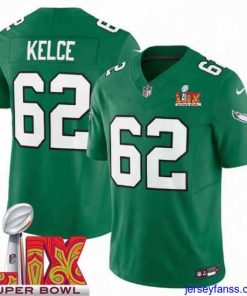 Fantastic Philadelphia Eagles Jason Kelce #62 Kelly Green 2024 2025 Super Bowl LIX F.U.S.E Stitched NFL Jersey