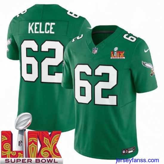 Fantastic Philadelphia Eagles Jason Kelce #62 Kelly Green 2024 2025 Super Bowl LIX F.U.S.E Stitched NFL Jersey