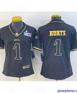 Exclusive Philadelphia Eagles 1 Jalen Hurts Black Golden Edition Super Bowl LVII Patch Stitched Football Jersey