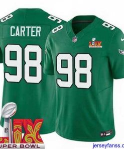 Outstanding Philadelphia Eagles Jalen Carter #98 Kelly Green 2024 2025 Super Bowl LIX F.U.S.E Stitched NFL Jersey