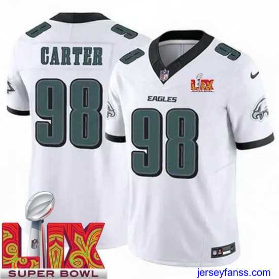 Exclusive Philadelphia Eagles Jalen Carter #98 White 2024 2025 Super Bowl LIX F.U.S.E Stitched NFL Jersey