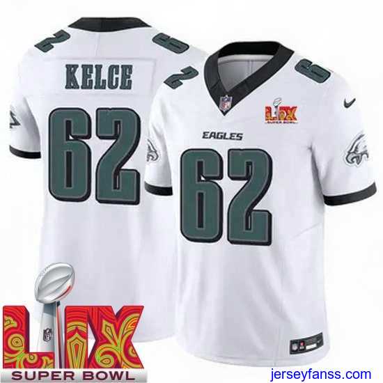 Outstanding Philadelphia Eagles Jason Kelce #62 White 2024 2025 Super Bowl LIX F.U.S.E Stitched NFL Jersey
